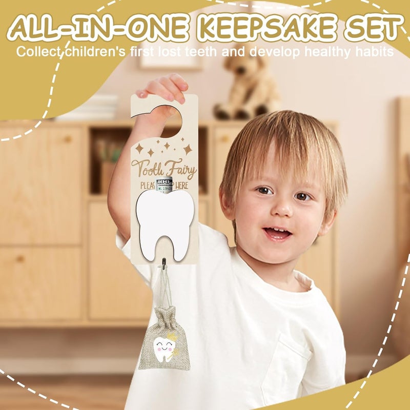 AINBIN Tooth Fairy Tooth Holder, Tooth Fairy Door Hanger with Money Slot, Keepsake Bottle & Burlap Pouch for Lost Teeth Milk Teeth, Encourage Gift for Boys Girls (Light Brown) - Image 3